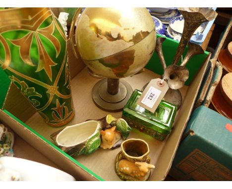 Magpie lot incl. metal globe cigarette holder, plated jug, green glass lidded casket and a green glass and gilt flower vase a