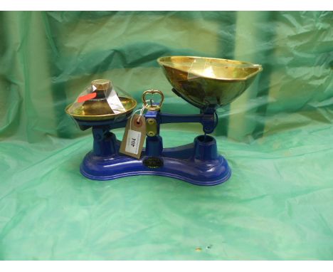 Set of Salter kitchen scales with brass pans, metal and brass weights etc