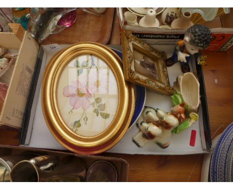 Magpie lot incl. Pr. oval frames, one inset watercolour of wild roses the other of a portrait of a lady signed P. Morrison, b
