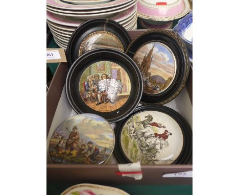 4 Framed pot lids incl. Shakespeare's birthplace, Doctor Johnson (damaged), Hunting scene and Albert Memorial and another wit
