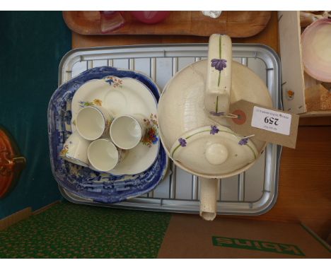 'Syp' lidded teapot with 4 piece egg cup holder and a 19th century blue and white pattern vegetable dish