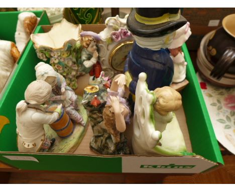 2 Boxes of figurines incl. 2 pr. mantel piece spaniel ornaments, Meiko mantel piece clock etc