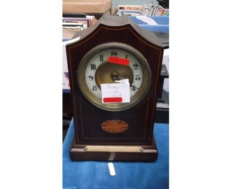 Mahogany strung cased mantel clock, French time movement with commemorative brass plate dated 1919 