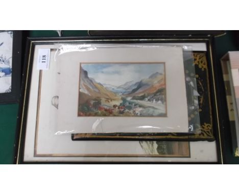 Small unframed watercolour of mountainous lockside scene, hand painted papier mache panel inset mother of pearl and a framed 
