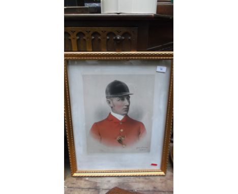 Gilt framed coloured portrait 'A Huntsman' signed yours sincerely B. Spence 