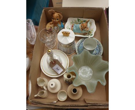 2 Boxes of miniature crockery and glassware incl. Spode coffee can, floral ornaments, posy vases, Pendelfin ornaments etc