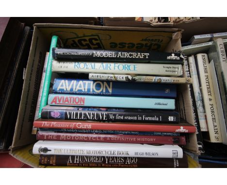 Box of books on Motorsport with 'The History of the Royal Airforce' ex John D R Rawlings, 'Ultimate Motorcycle book' by Hugo 