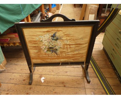 Wooden framed rectangular fire screen, the panel inset pair of bluebirds at their nest