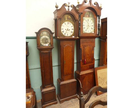 Lincolnshire oak longcase clock, c. 1870, the case with cantered corners reeded pillars to the swan neck hood with three fini