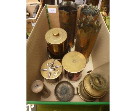 Box of converted brass WW1 shells, brass clock weight,oil lamp etc