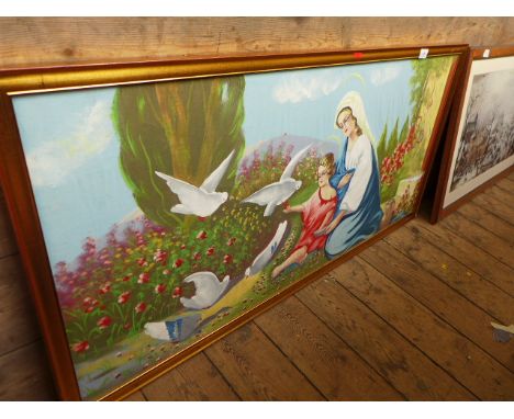 Large painted religious panel of mother and child releasing doves