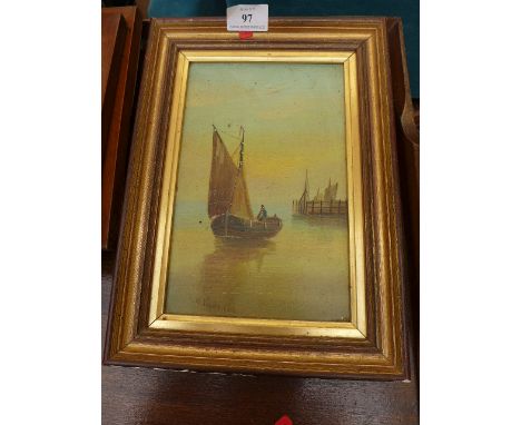 Framed oil on board by E K Redmore of a 'Fishing sailing smack about to exit the harbour'