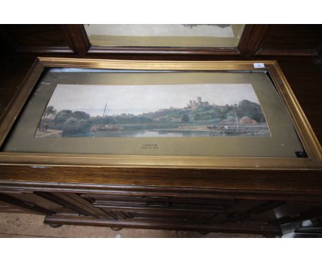 Large rectangular gilt framed coloured print of the City of Lincoln by Peter De Wint