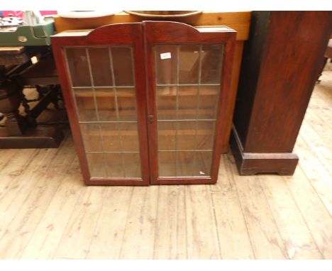 Mahogany framed double glazed leaded panel display cupboard with two shelves behind