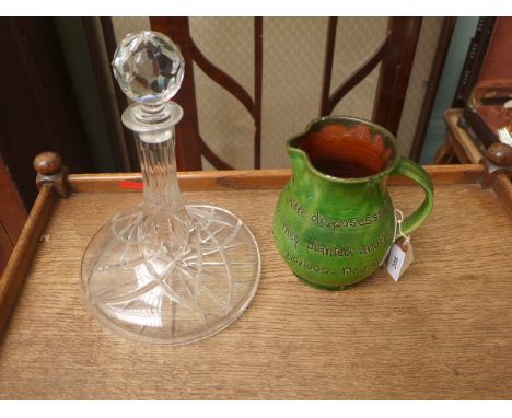Cut glass ships port decanter and a green Devon text water jug