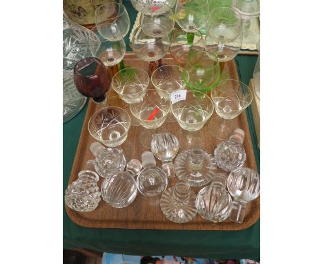 Tray of 10 various glass decanter stoppers and a selection of mixed wine glasses