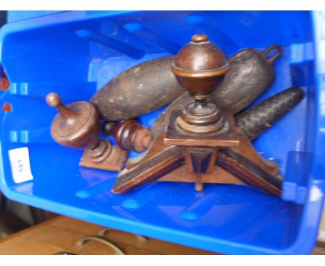Box of long case clock accessories incl. wooden finials, metal weights etc FURNITURE