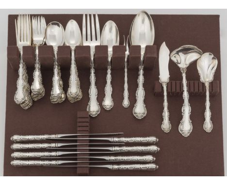 DESCRIPTION: Fifty-six pieces of Gorham Silver flatware in the Strasbourg pattern. Marked "Sterling Pat 1897" with Gorham hal