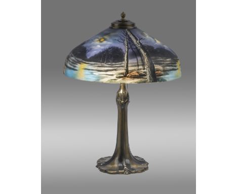 DESCRIPTION: Pittsburgh scenic obverse/reverse painted lamp. Ice chip shade with reverse and obverse paint featuring nighttim