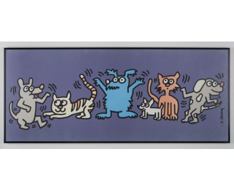 DESCRIPTION: Cats and Dogs Dancing. Lithograph. Signed lower right with Estate of Keith Haring stamp. In black aluminum frame