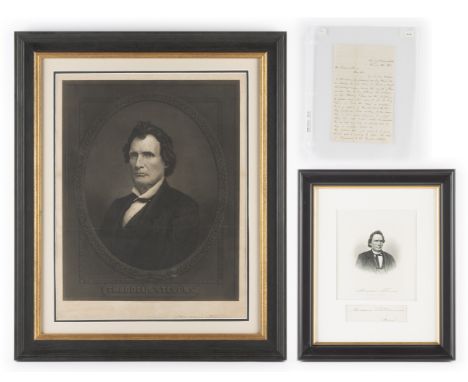 DESCRIPTION: Three items signed by Thaddeus Stevens. Includes: 1) Engraving, portrait of Thaddeus Stevens. After photograph b