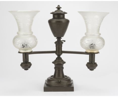 DESCRIPTION: Patinated bronze double-arm Argand lamp. Early 19th century. Labeled "E. Gardiner New York". With period frosted