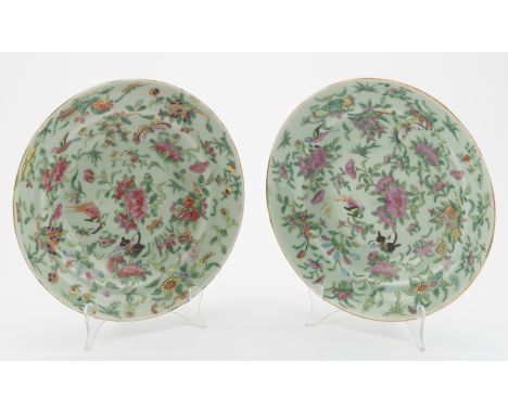 DESCRIPTION: Two Chinese celadon porcelain plates with Famille Rose decoration. Unmarked. MEASUREMENTS: 10-1/8" diameter x 2"