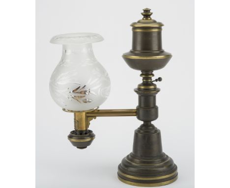 DESCRIPTION: Patinated bronze single-arm Argand lamp. Early 19th century. Labeled "Alfred Welles &amp; Co. Boston". With peri