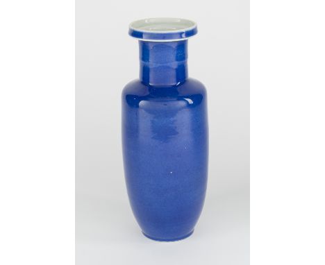 DESCRIPTION: Chinese light blue glaze vase. Roleau form. With empty double circle blue underglaze mark. Has hole to bottom. M