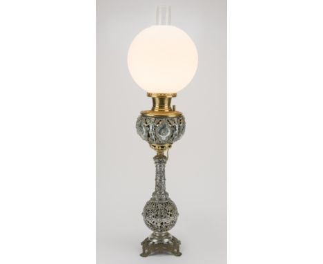 DESCRIPTION: Bradley and Hubbard gilt brass and silver-plated Rococo style banquet lamp. Marked "The B&amp;H" to font. Font d