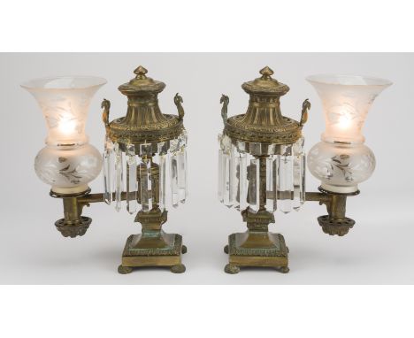 DESCRIPTION: Pair of bronze single-arm Argand lamps with crystals. Early 19th century. Labeled "Lewis Veron &amp; Co. Philade