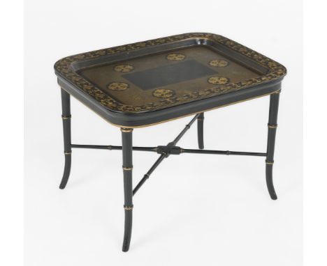DESCRIPTION: Rectangular toleware tray with painted black with gold decoration. On a painted bamboo turned wooden stand with 
