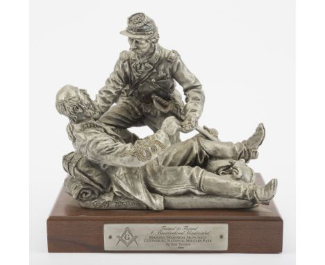 DESCRIPTION: Ron Tunison (American, 20th century). Cast metal sculpture. Friend to Friend A Brotherhood Undivided. Signed and