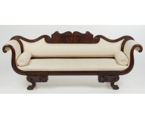 DESCRIPTION: American Federal mahogany roll arm sofa. Circa 1820-1830. With carved hairy paw feet and acanthus detail to back