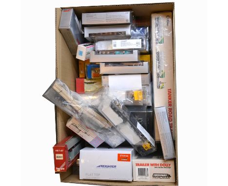 One box of HO gauge model railway track-side vehicles, including Highway Replicas tanker road train; trailer with dolly; and 