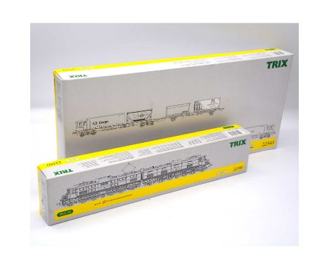 Trix HO gauge model railway locomotive sets, two including ref 22543 'CargoSprinter' powered freight railcar train set; 22580