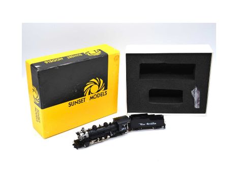 Sunset Models Inc HOn3 gauge model railway brass locomotive with tender, DRG&amp;W 2-8-2 K-36 Flying Rio Grande, painted blac