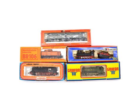 HO gauge model railway locomotives, five including Grafar GWR 0-6-0 9410; Piko BR106 diesel; Marklin Hamo 8396 DB 86173; Riva