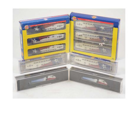 Athearn N gauge model railways, ref F59PHI Dallas 'Trinity Railway Express' 570 locomotive; F59PHI Dallas 569 locomotive; 101