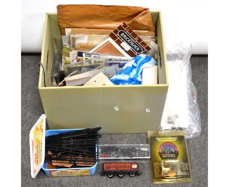 Model railway scenery kits, parts, accessories, one box of N gauge and OO gauge including building materials, card roof; bric