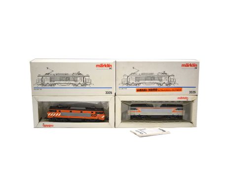 Marklin HO gauge model railway locomotives, two ref 3325 series BB 7200, SNCF BB-7298, and the other with orange CP body, bot