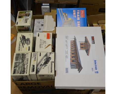 HO gauge model railway model track-side buildings, sheds, stations and other railway buildings, one box full of various types