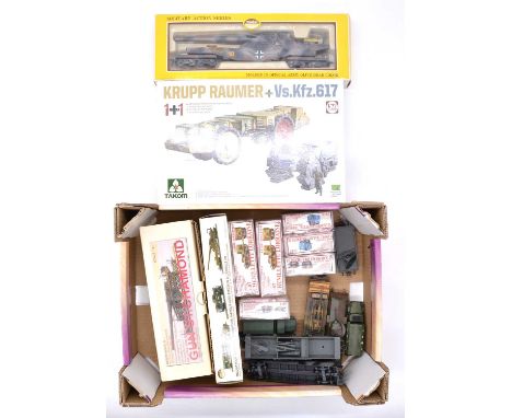 Military track-side models and kits, mostly HO 1:87 scale, but includes a Takom 1:72 scale Krupp Raumer kit; other models by 