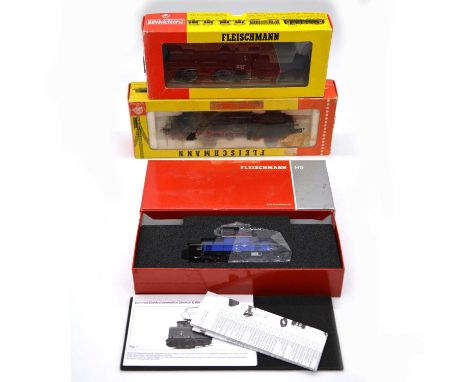 Fleischmann HO gauge model railway locomotives, three including ref 4140 DB 24-074; 4124 CCCP 55-932; 430003 E69, all boxed. 
