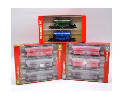 Fleischmann HO gauge model railway gravel wagon sets, three including ref 80 5525 'Rhein-Kies' / 'Donau-Kies-AG'; 552317 and 