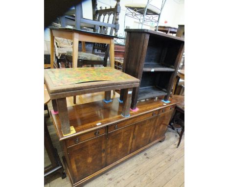 A reproduction yew and mahogany three drawer, four door sideboard, a two shelf freestanding bookcase and an oak vinyl top tab