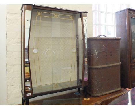 A rather kitsch 1950's glass and mirror display cabinet and vintage travelling trunk