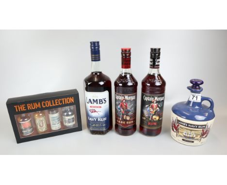 2 bottles of Captain Morgan rum, 1 litre Lambs Navy Rum, collection of Rum miniatures and Lambs Navy rum flask (the flask bei