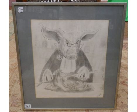 Pencil sketch - Pig caricature signed R Rushbrook - Image size: 41cm x 46cm 