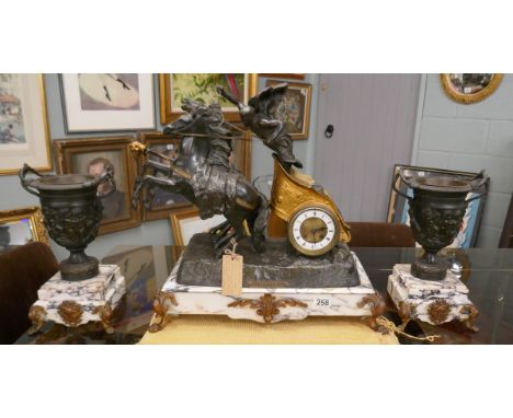 19thC metal and gilt centurion on horse drawn chariot clock garniture 